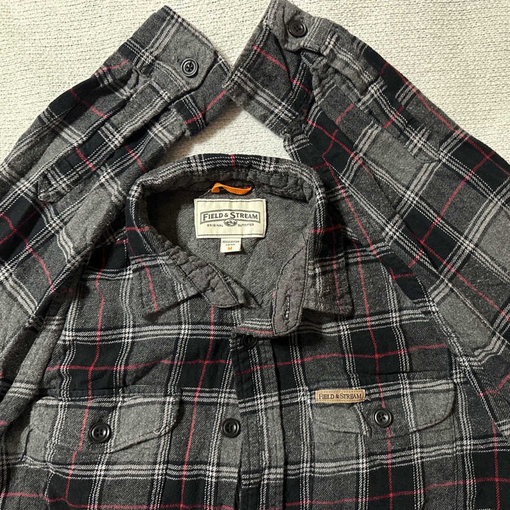 Grey/Black and Red stripe flannel long sleeve button down women’s shirt